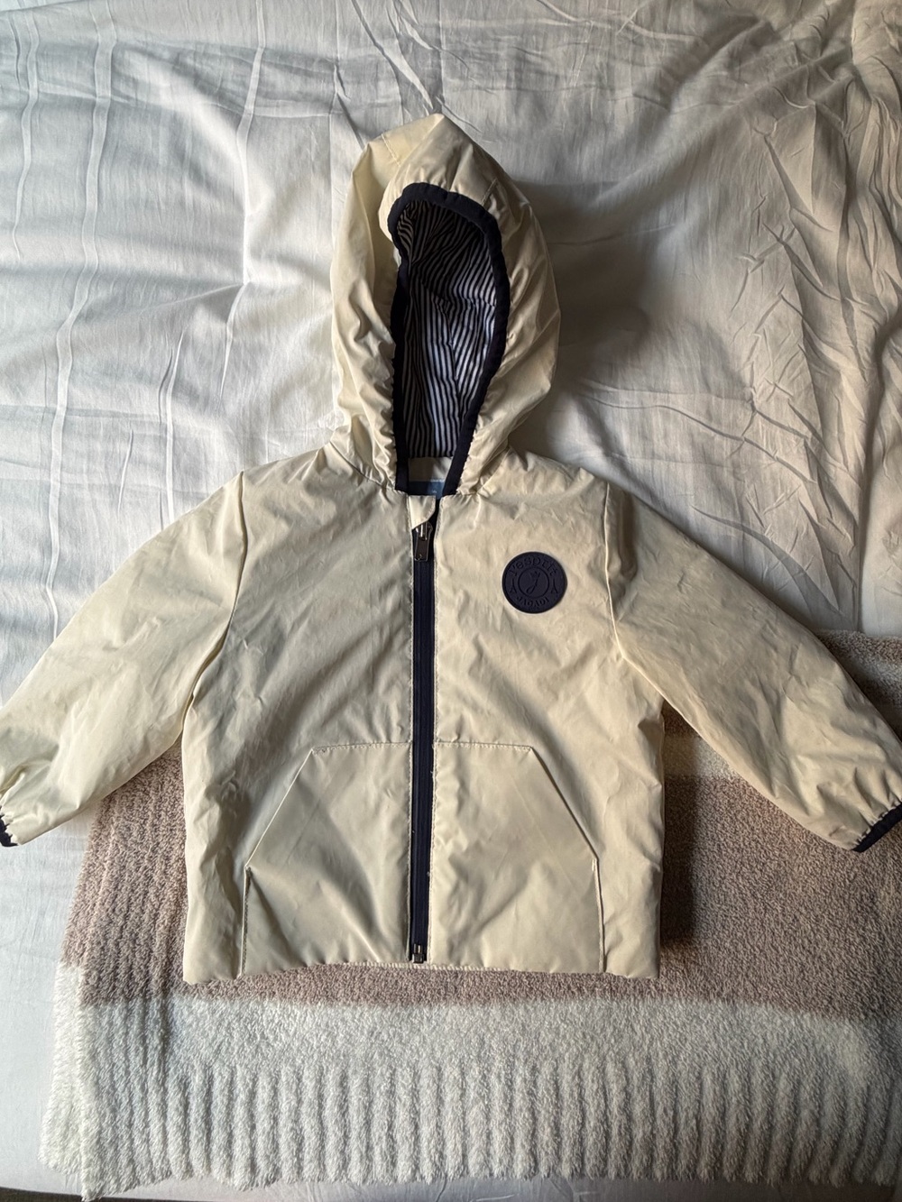 Jacadi Cream Hooded Raincoat with Navy Trim